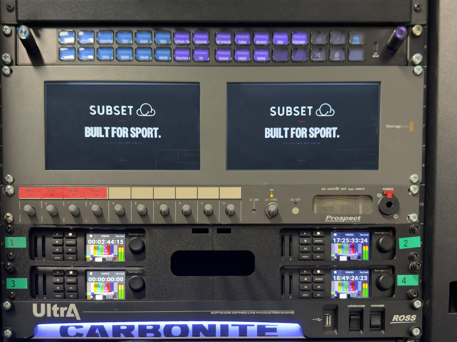 The PCR01 rack: a Ross Carbonite Ultra, four HyperDeck recorders and twin SmartView monitors.