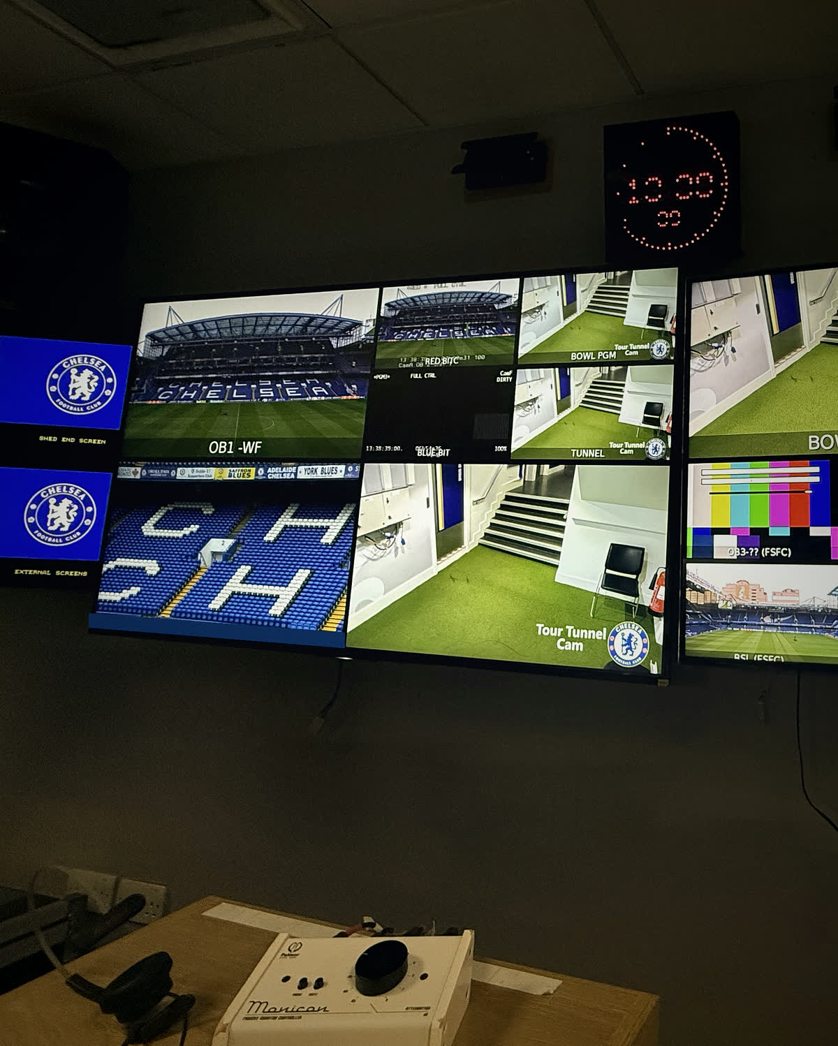 The screen control room at Stamford Bridge, with feeds for the stand screens on the multiviewer.