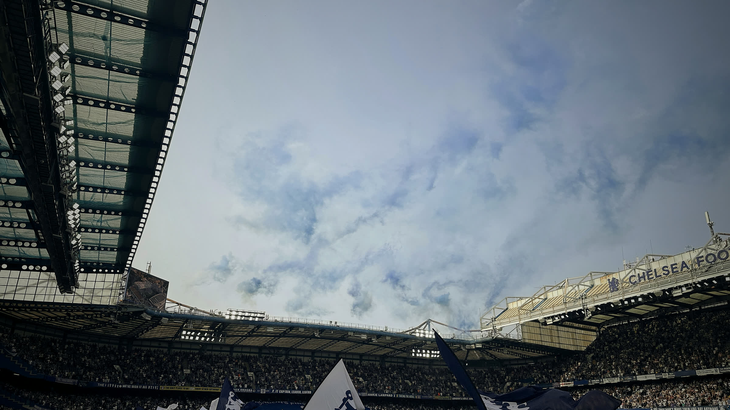 Blue smoke over a full Stamford Bridge before kick-off.
